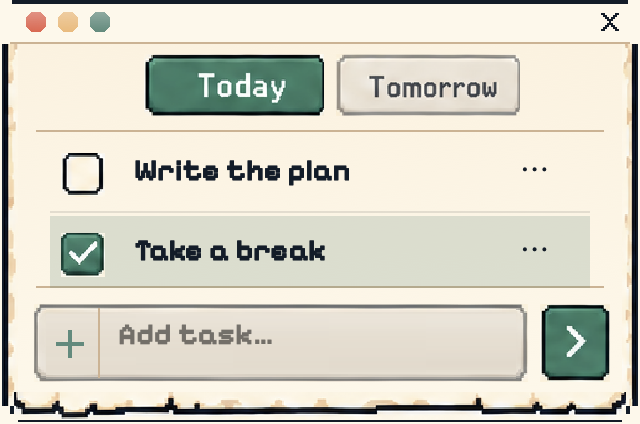 Today window with Today and Tomorrow tabs, sample tasks and an Add task field